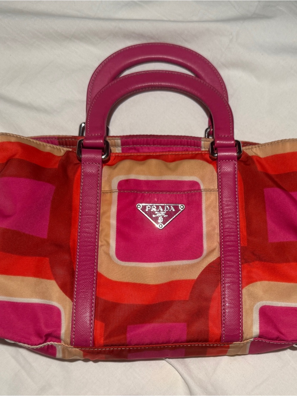 Prada Pink and Red Geometric Satchel